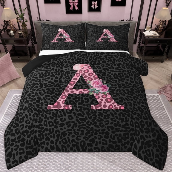 jejeloiu Letter A Monogrammed Twin Comforter Sets,Pink Leopard Print Bedding Set For Girls Kids Reversible 2-Piece