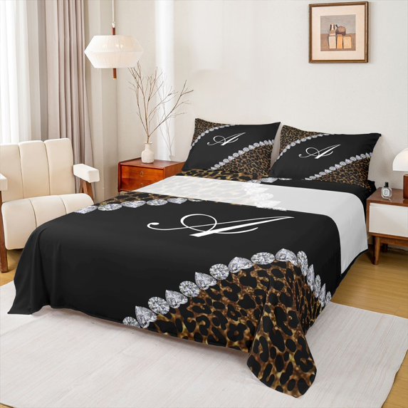 jejeloiu Letter A Monogrammed Twin Sheet Sets,Brown Leopard Print Bedding For Girls Kids 3 Pieces