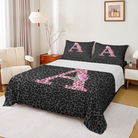 jejeloiu Letter A Monogrammed Twin Sheet Sets,Pink Leopard Print Bedding For Girls Kids 3-Piece
