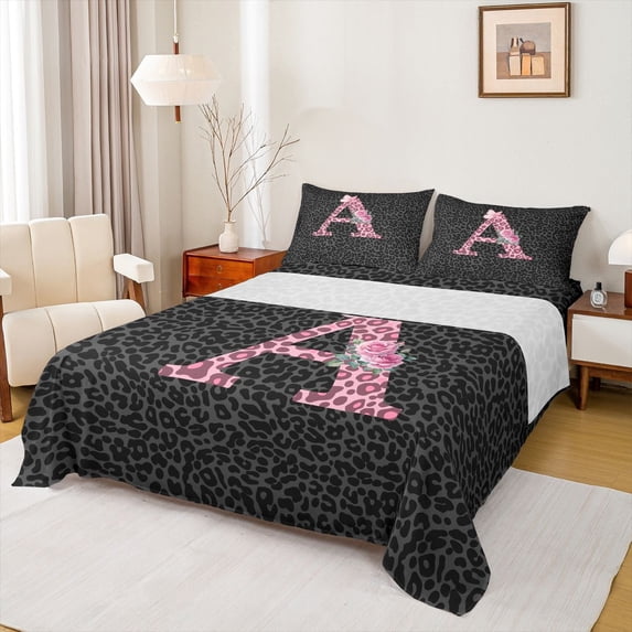 jejeloiu Letter A Monogrammed Twin Sheet Sets,Pink Leopard Print Bedding For Girls Kids 3-Piece