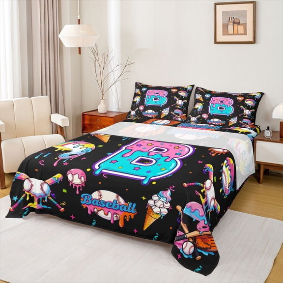 jejeloiu B Baseball King 4-Piece Reversible Unisex Boys Kids Sport Monogram Sheet Set