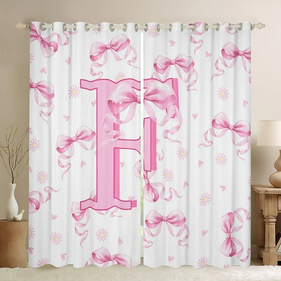 jejeloiu Letter F Monogrammed Black Out Curtains,Cute Bow Flower Curtains Pack of 2 (42x63 Each),Pink White Bowtie Bedroom Curtains For Child,Microfiber Room Decorative