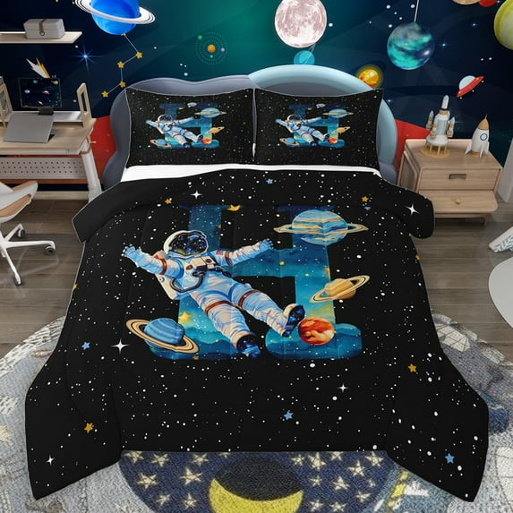 jejeloiu Letter H Monogrammed Bedding Comforter Set,Cartoon Astronaut Twin Comforter Sets,Galaxy Planet Bedding Set For Boys,Microfiber Room Decorative Reversible,2pcs