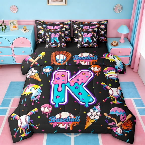 jejeloiu Letter K Monogrammed 7 Pieces Bedding Comforter Set,Baseball Ice Cream Full Bedding Set For Girls Kids Reversible