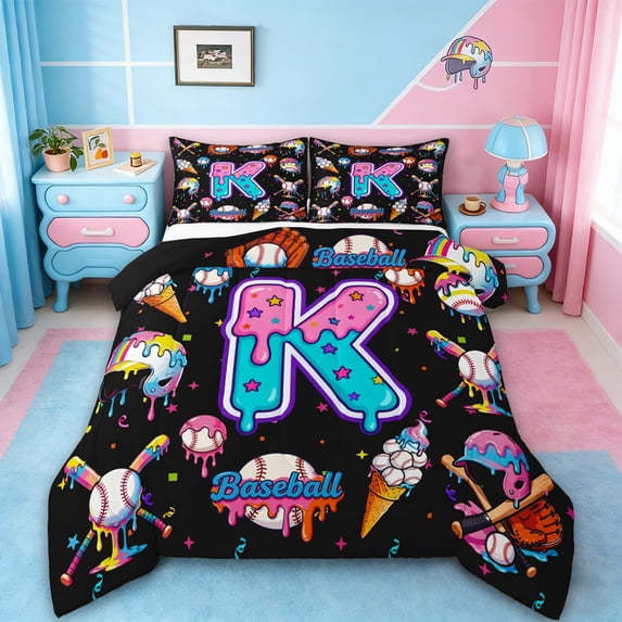 jejeloiu Letter K Monogrammed Queen Comforter Set,Baseball Ice Cream Bedding Comforter Set For Girls Kids Reversible 3-Piece