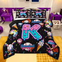 jejeloiu Letter K Monogrammed Twin Comforter Sets,Baseball Ice Cream Bedding Set For Girls Kids Reversible 2 Pieces