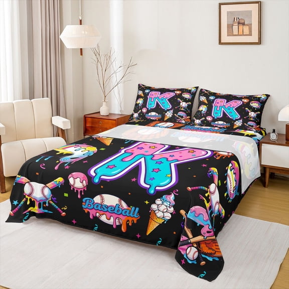 jejeloiu Letter K Monogrammed Twin Sheet Sets,Baseball Ice Cream Bedding For Girls Kids 3 Pieces
