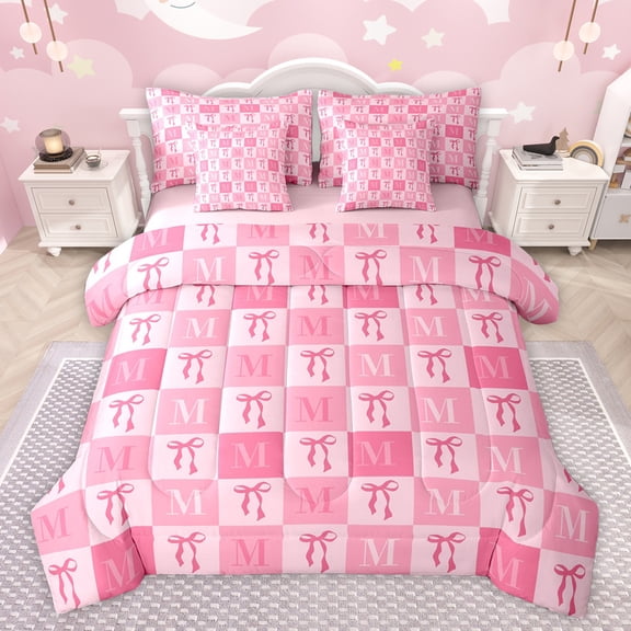 jejeloiu Letter M Monogrammed 7-Piece Bedding Comforter Set,Cute Bowtie Ribbon King Bedding Sets,Pink Geometric Plaid Bed Sheets For Girls,Microfiber Room Decorative Reversible
