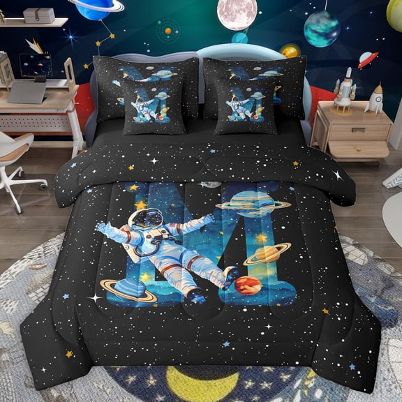 jejeloiu Letter M Monogrammed 7pcs Bedding Comforter Set,Cartoon Astronaut Queen Bedding Sets,Galaxy Planet Queen Sheet Sets For Boys,Microfiber Room Decorative Reversible