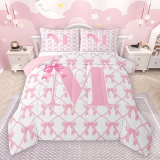 jejeloiu Letter M Monogrammed Bedding Comforter Set,Cartoon Bow Tie Twin Comforter Sets,Pink Bowtie Ribbon Bedding Set For Girls,Microfiber Room Decorative Reversible,2pcs
