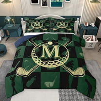 jejeloiu Letter M Monogrammed Bedding Comforter Set,Golg Ball Sport Twin Comforter Sets,Green Black Checkered Bedding Set For Girls Boys,Microfiber Room Decorative Reversible,2pcs