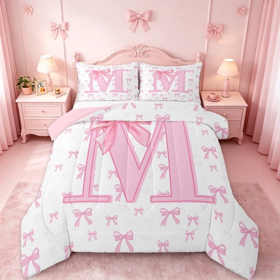 jejeloiu Letter M Monogrammed Bedding Comforter Set,Kawaii Cute Bowtie Twin Comforter Sets,Pink Bowknot Ribbon Bedding Set For Girls,Microfiber Room Decorative Reversible,2pcs