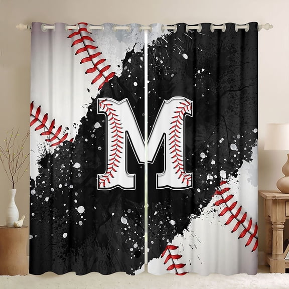 jejeloiu Letter M Monogrammed Black Out Curtains,Baseball Sport Game Curtains Pack of 2 (42x63 Each),Black Splashing Ink Bedroom Curtains For Girls,Microfiber Room Decorative