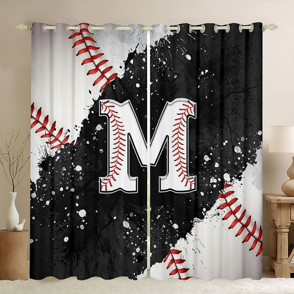 jejeloiu Letter M Monogrammed Curtains Pack of 2 (42x84 Each),Baseball Sport Game Curtains Blackout,Black Splashing Ink Bedroom Curtains For Girls,Microfiber Room Decorative