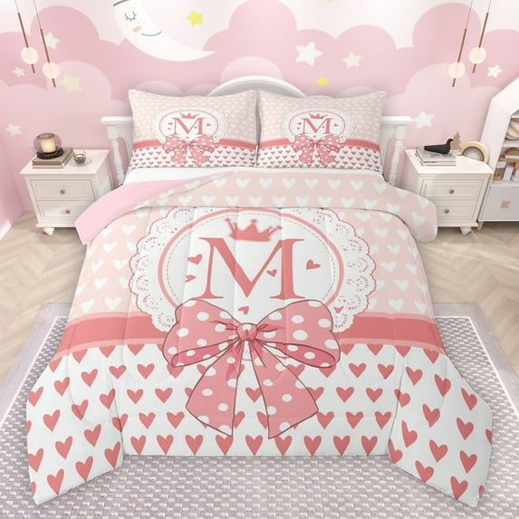 jejeloiu Letter M Monogrammed Full Size Comforter Sets,Cute Dots Bowtie Bedding Comforter Set,Cartoon Loves Pattern Bedding Sets For Girls,Microfiber Room Decorative Reversible,3 Pieces