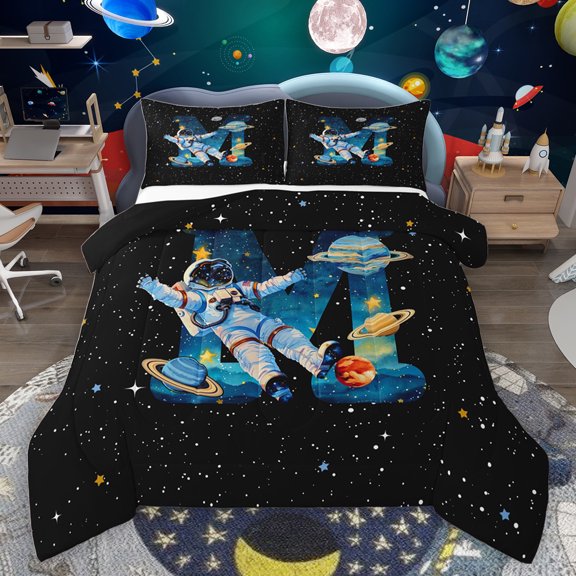 jejeloiu Letter M Monogrammed Queen Comforter Set,Cartoon Astronaut Bedding Sets,Galaxy Planet Bedding Comforter Set For Boys,Microfiber Room Decorative Reversible,3pcs