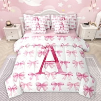 jejeloiu Letter A Monogrammed 7-Piece Twin Bedding Sets,Bowknot Bow Ribbon Bedding Comforter Set,Pink White Sheet Sets For Girls,Microfiber Room Decorative Reversible