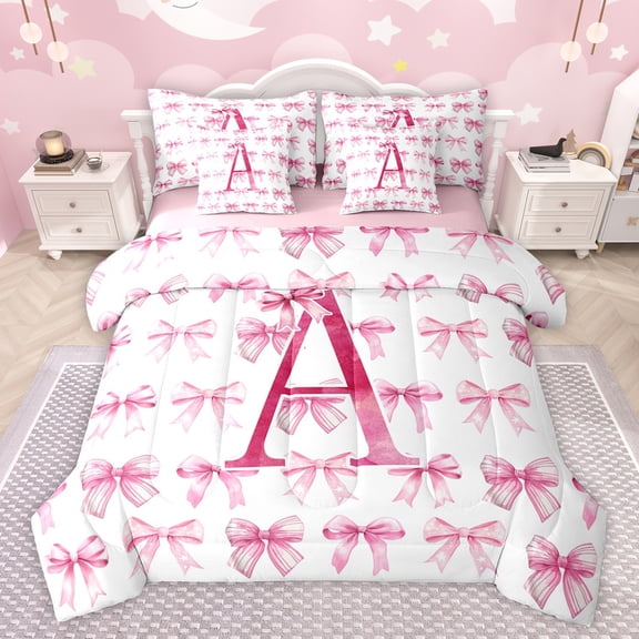 jejeloiu Letter A Monogrammed 7-Piece Twin Bedding Sets,Bowknot Bow Ribbon Bedding Comforter Set,Pink White Sheet Sets For Girls,Microfiber Room Decorative Reversible
