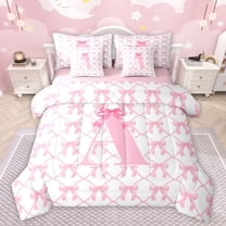 jejeloiu Letter A Monogrammed 7-Piece Twin Bedding Sets,Cartoon Bow Tie Bedding Comforter Set,Pink Bowtie Ribbon Sheet Sets For Girls,Microfiber Room Decorative Reversible
