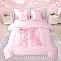 jejeloiu Letter A Monogrammed 7-Piece Twin Bedding Sets,Cartoon Ribbon Bowtie Bedding Comforter Set,Pink Bow Tie Sheet Sets For Girls,Microfiber Room Decorative Reversible