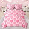 thumbnail image 1 of jejeloiu Letter A Monogrammed 7-Piece Twin Bedding Sets,Cute Bowtie Ribbon Bedding Comforter Set,Pink Geometric Plaid Sheet Sets For Girls,Microfiber Room Decorative Reversible, 1 of 8