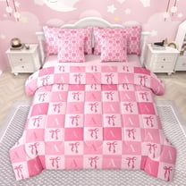 jejeloiu Letter A Monogrammed 7-Piece Twin Bedding Sets,Cute Bowtie Ribbon Bedding Comforter Set,Pink Geometric Plaid Sheet Sets For Girls,Microfiber Room Decorative Reversible