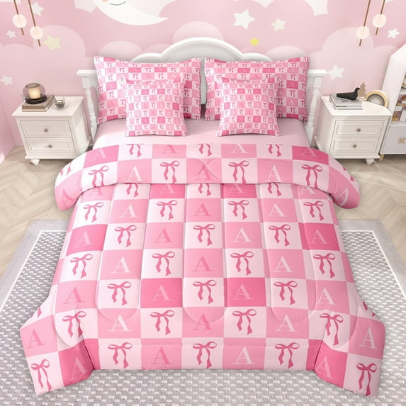 jejeloiu Letter A Monogrammed 7-Piece Twin Bedding Sets,Cute Bowtie Ribbon Bedding Comforter Set,Pink Geometric Plaid Sheet Sets For Girls,Microfiber Room Decorative Reversible