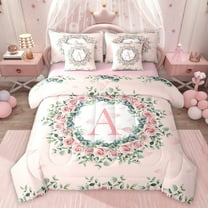 jejeloiu Letter A Monogrammed 7-Piece Twin Bedding Sets,Cute Flower Blossom Bedding Comforter Set,Pink White Green Sheet Sets For Girls,Microfiber Room Decorative Reversible