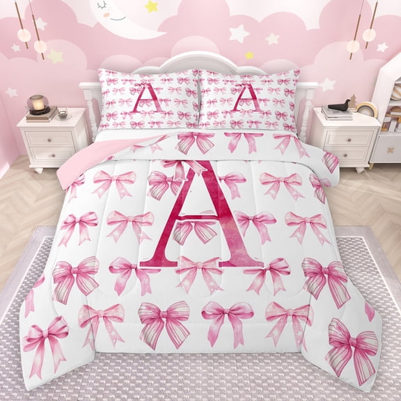 jejeloiu Letter A Monogrammed Bedding Comforter Set,Bowknot Bow Ribbon Twin Comforter Sets,Pink White Bedding Set For Girls,Microfiber Room Decorative Reversible,2pcs