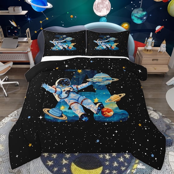jejeloiu Letter A Monogrammed Bedding Comforter Set,Cartoon Astronaut Twin Comforter Sets,Galaxy Planet Bedding Set For Boys,Microfiber Room Decorative Reversible,2-Piece
