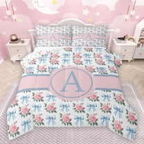 jejeloiu Letter A Monogrammed Bedding Comforter Set,Cartoon Bow Tie Twin Comforter Sets,Pink Cute Flowers Bedding Set For Girls,Microfiber Room Decorative Reversible,2-Piece