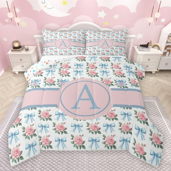 jejeloiu Letter A Monogrammed Bedding Comforter Set,Cartoon Bow Tie Twin Comforter Sets,Pink Cute Flowers Bedding Set For Girls,Microfiber Room Decorative Reversible,2-Piece