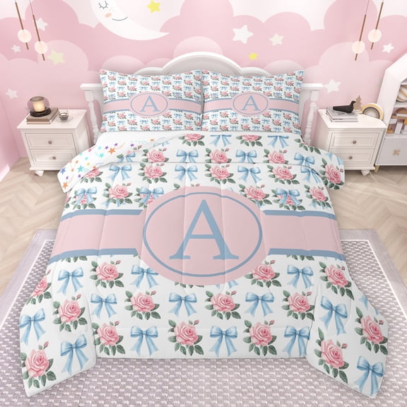 jejeloiu Letter A Monogrammed Bedding Comforter Set,Cartoon Bow Tie Twin Comforter Sets,Pink Cute Flowers Bedding Set For Girls,Microfiber Room Decorative Reversible,2-Piece