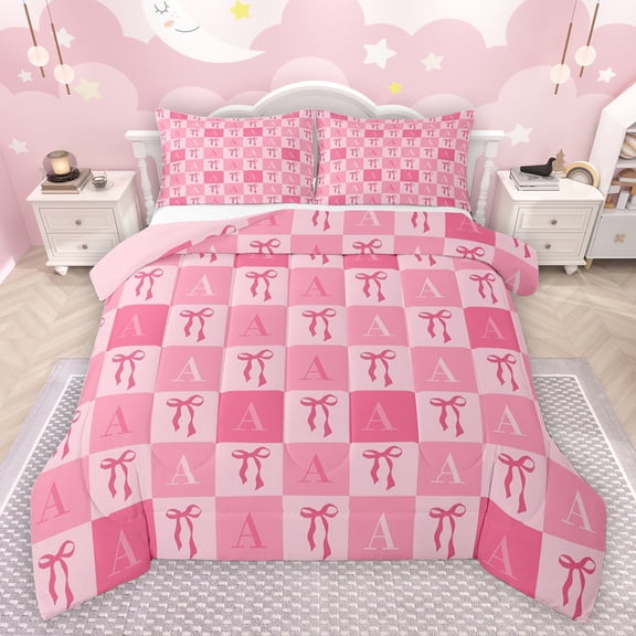 jejeloiu Letter A Monogrammed Bedding Comforter Set,Cute Bowtie Ribbon Twin Comforter Sets,Pink Geometric Plaid Bedding Set For Girls,Microfiber Room Decorative Reversible,2-Piece