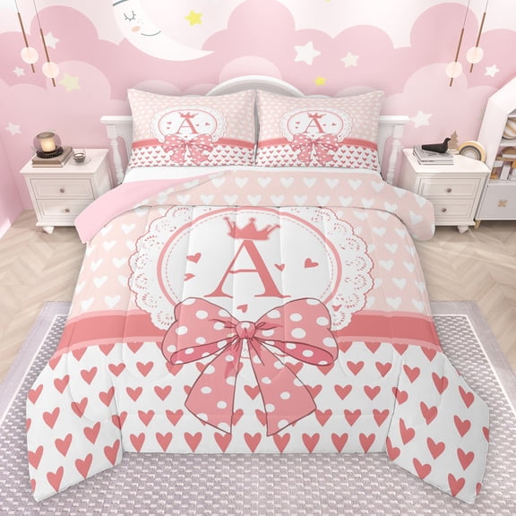 jejeloiu Letter A Monogrammed Bedding Comforter Set,Cute Dots Bowtie Twin Comforter Sets,Cartoon Loves Pattern Bedding Set For Girls,Microfiber Room Decorative Reversible,2pcs