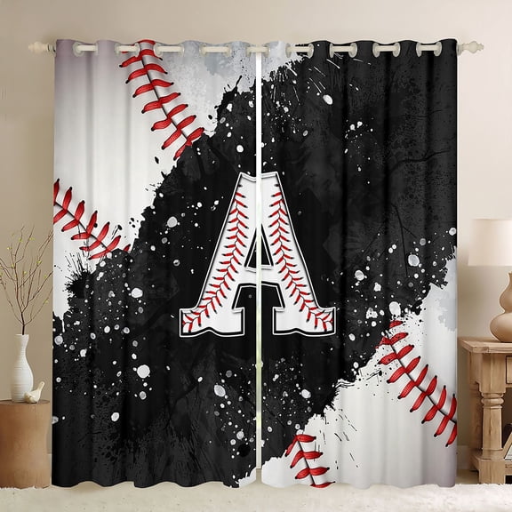 jejeloiu Letter A Monogrammed Black Out Curtains,Baseball Sport Game Curtains Pack of 2 (42x63 Each),Black Splashing Ink Bedroom Curtains For Girls,Microfiber Room Decorative