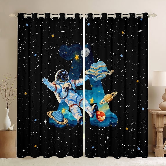 jejeloiu Letter A Monogrammed Black Out Curtains,Cartoon Astronaut Curtains Pack of 2 (42x63 Each),Galaxy Planet Bedroom Curtains For Boys,Microfiber Room Decorative