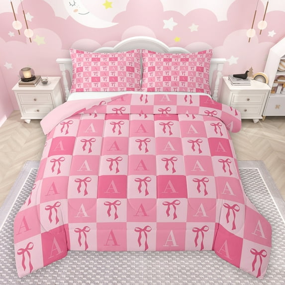 jejeloiu Letter A Monogrammed Full Size Comforter Sets,Cute Bowtie Ribbon Bedding Comforter Set,Pink Geometric Plaid Bedding Sets For Girls,Microfiber Room Decorative Reversible,3 Pieces