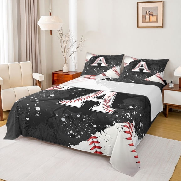 jejeloiu Letter A Monogrammed Queen Sheet Sets,Baseball Sport Game Flat Sheet,Black Splashing Ink Queen Fitted Sheet For Girls,Microfiber Room Decorative,4-Piece