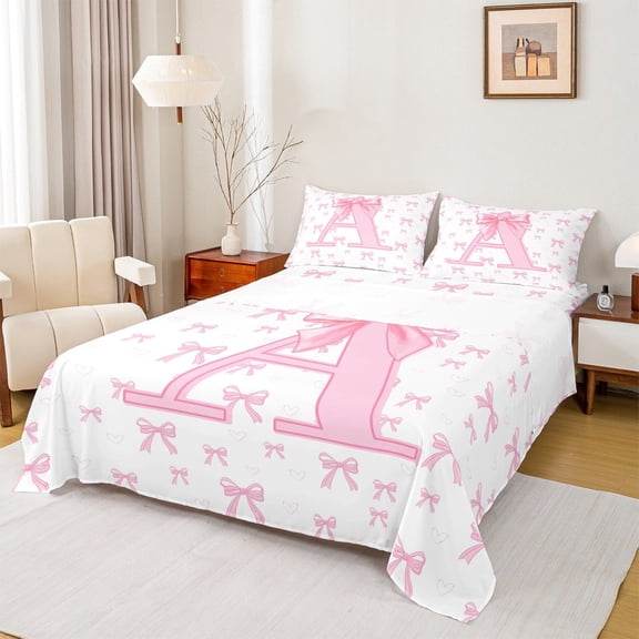 jejeloiu Letter A Monogrammed Twin Sheet Sets,Kawaii Cute Bowtie Twin Fitted Sheet,Pink Bowknot Ribbon Flat Sheet For Girls,Microfiber Room Decorative,3pcs