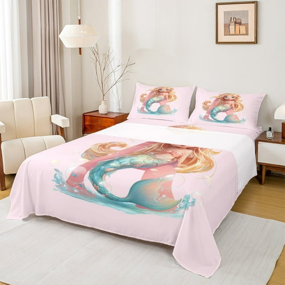 jejeloiu Letter A Monogrammed Twin Sheet Sets,Ocean Animal Mermaid Twin Fitted Sheet,Pink Magic Sealife Flat Sheet For Child,Microfiber Room Decorative,3-Piece