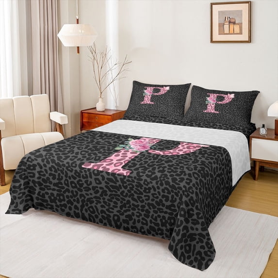 jejeloiu Letter P Monogrammed Bed Sheets,Chic Leopard Print King Sheets For Girls Kids 4 Pieces