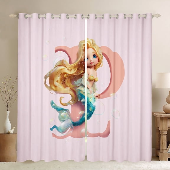 jejeloiu Letter P Monogrammed Blackout Curtains (2-Pack,42x63),Ocean Mermaid Pink Sealife,Microfiber Decor For Kids