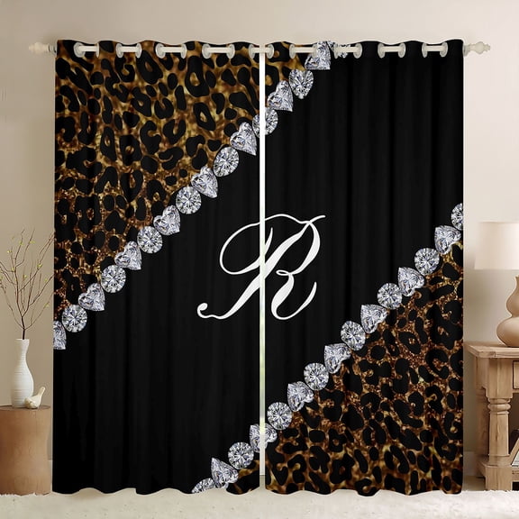 jejeloiu Letter R Monogrammed Black Out Curtains,Brown Leopard Print Curtains Pack of 2 (42x63 Each) For Girls Kids