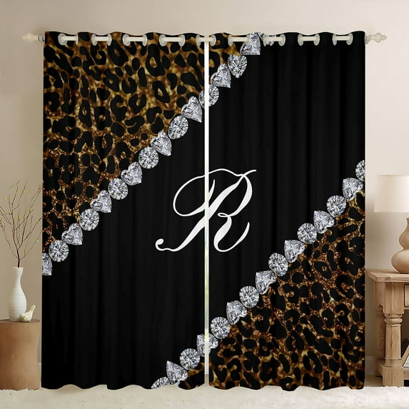 jejeloiu Letter R Monogrammed Black Out Curtains,Brown Leopard Print Curtains Pack of 2 (42x63 Each) For Girls Kids