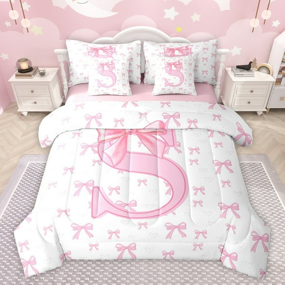 jejeloiu Letter S Monogrammed 7-Piece Bedding Comforter Set,Kawaii Cute Bowtie King Bedding Sets,Pink Bowknot Ribbon Bed Sheets For Girls,Microfiber Room Decorative Reversible