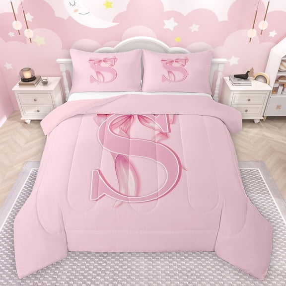 jejeloiu Letter S Monogrammed Bedding Comforter Set,Cartoon Ribbon Bowtie Twin Comforter Sets,Pink Bow Tie Bedding Set For Girls,Microfiber Room Decorative Reversible,2pcs
