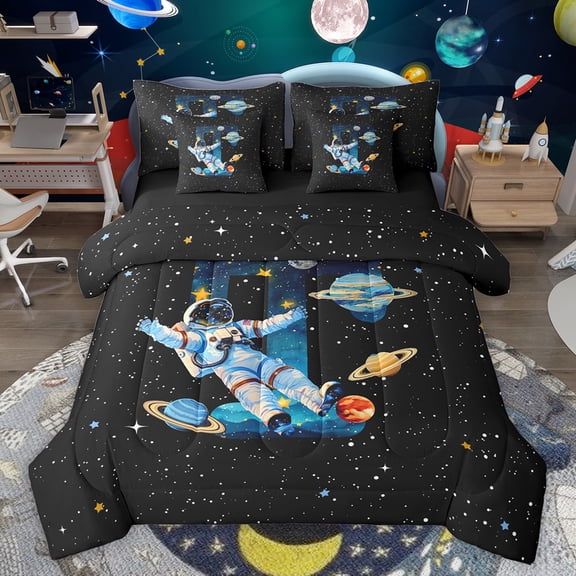 jejeloiu Letter T Monogrammed 7-Piece Bedding Comforter Set,Cartoon Astronaut King Bedding Sets,Galaxy Planet Bed Sheets For Boys,Microfiber Room Decorative Reversible