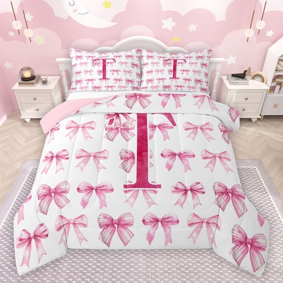 jejeloiu Letter T Monogrammed Full Size Comforter Sets,Bowknot Bow Ribbon Bedding Comforter Set,Pink White Bedding Sets For Girls,Microfiber Room Decorative Reversible,3 Pieces