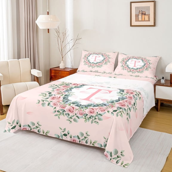 jejeloiu Letter T Monogrammed Full Size Sheets,Cute Flower Blossom Bed Sheets,Pink White Green Sheet Sets For Girls,Microfiber Room Decorative,4pcs